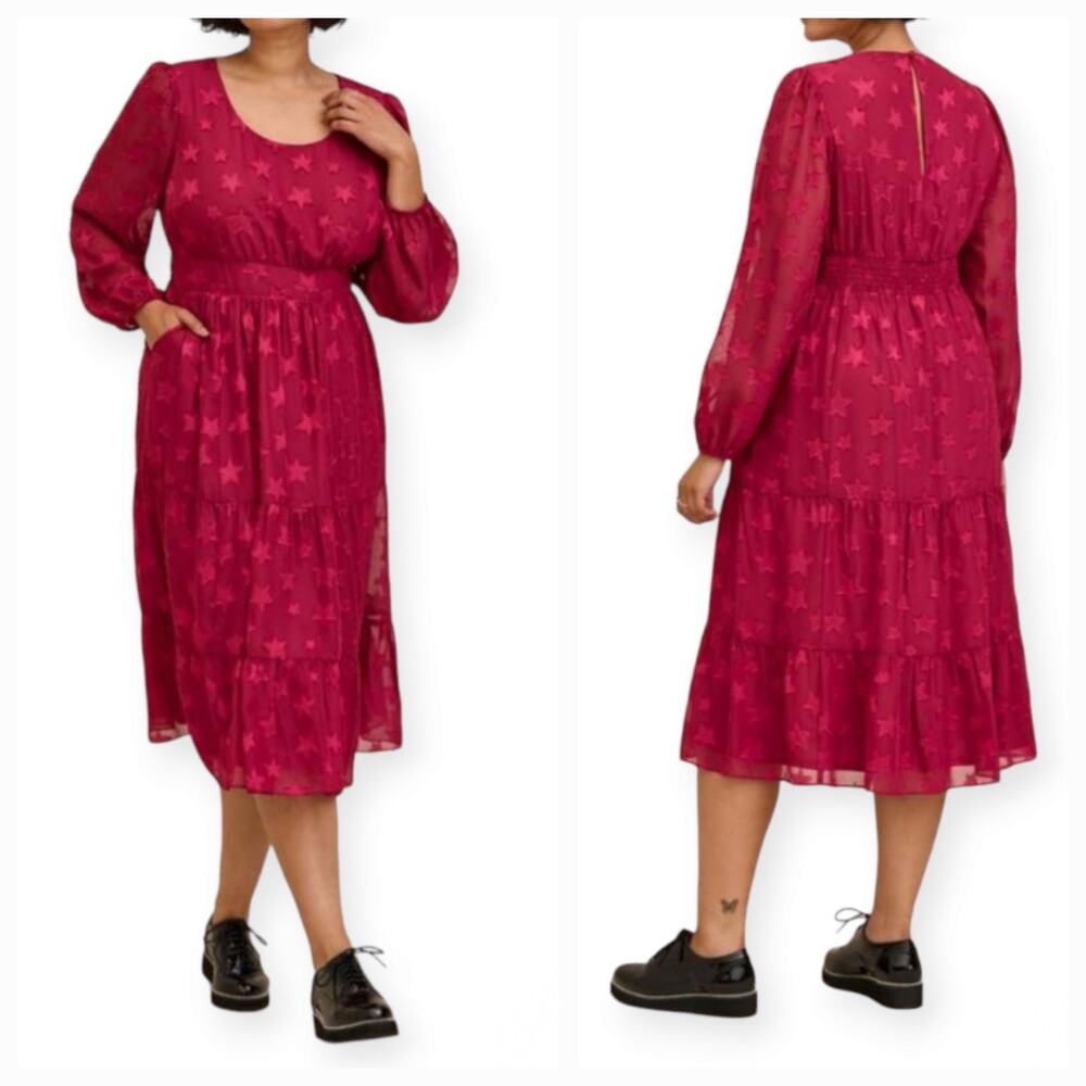 Torrid Midi Clip Dot Chiffon Tiered Dress Beaujolais Burgundy Plus Size 2X New